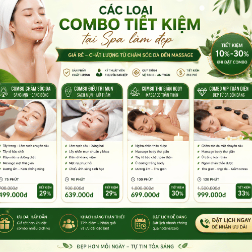 Các loại combo tiết kiệm tại spa làm đẹp giá rẻ chất lượng từ chăm sóc da đến massage