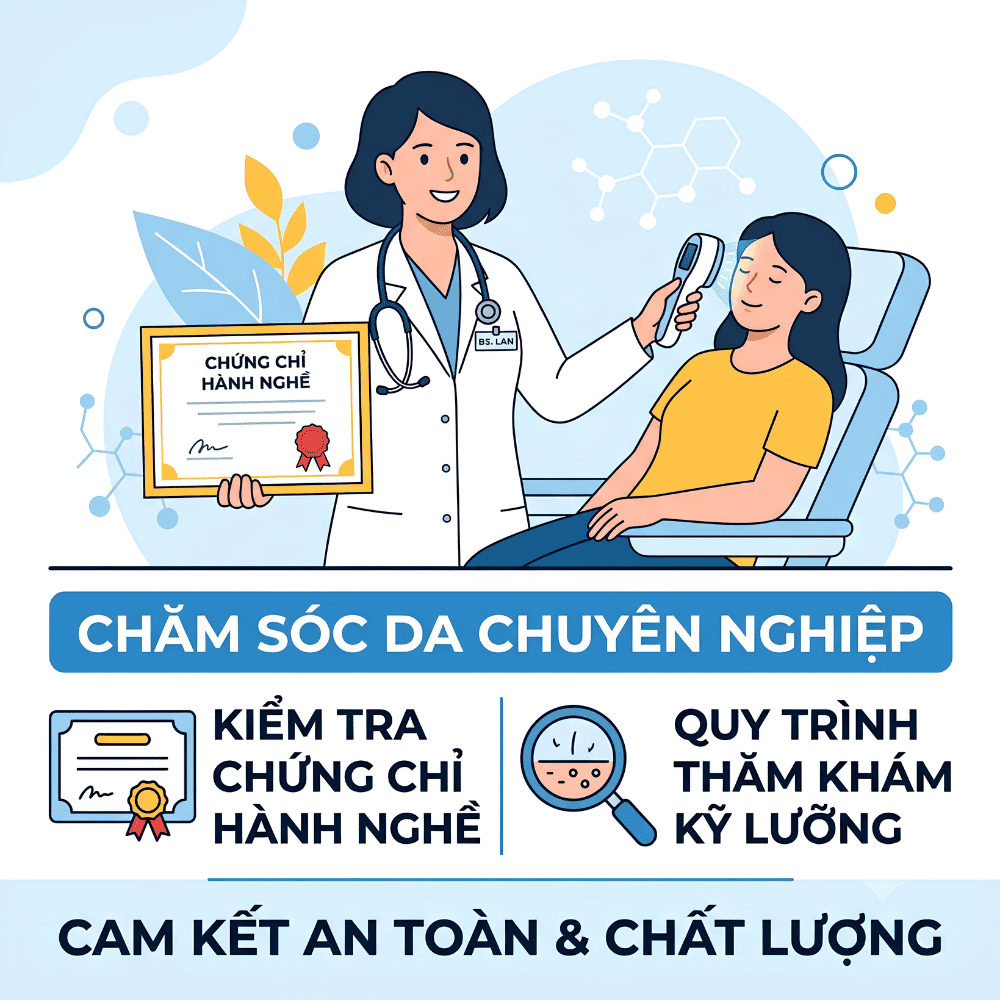 Kiểm tra chứng chỉ hành nghề và quy trình thăm khám da kỹ lưỡng.