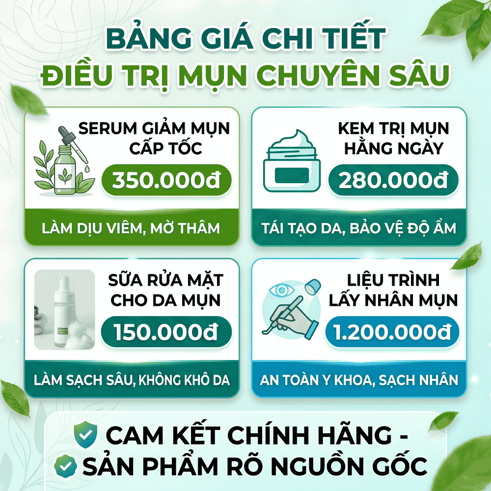 Yêu cầu bảng giá chi tiết và sản phẩm điều trị mụn rõ nguồn gốc.