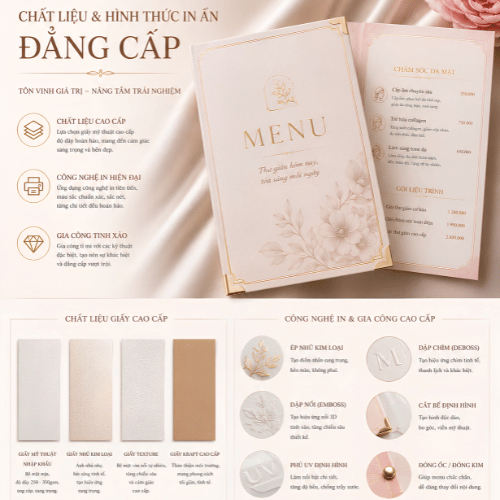 Chất liệu và hình thức in ấn đẳng cấp cho mẫu menu spa đẹp sang trọng