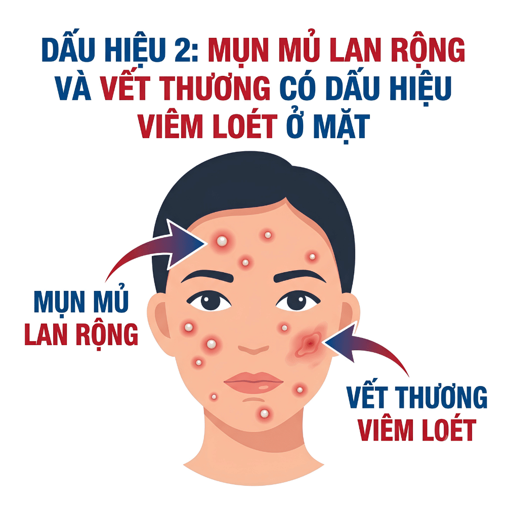 Dấu hiệu 2: Mụn mủ lan rộng và vết thương có dấu hiệu viêm loét