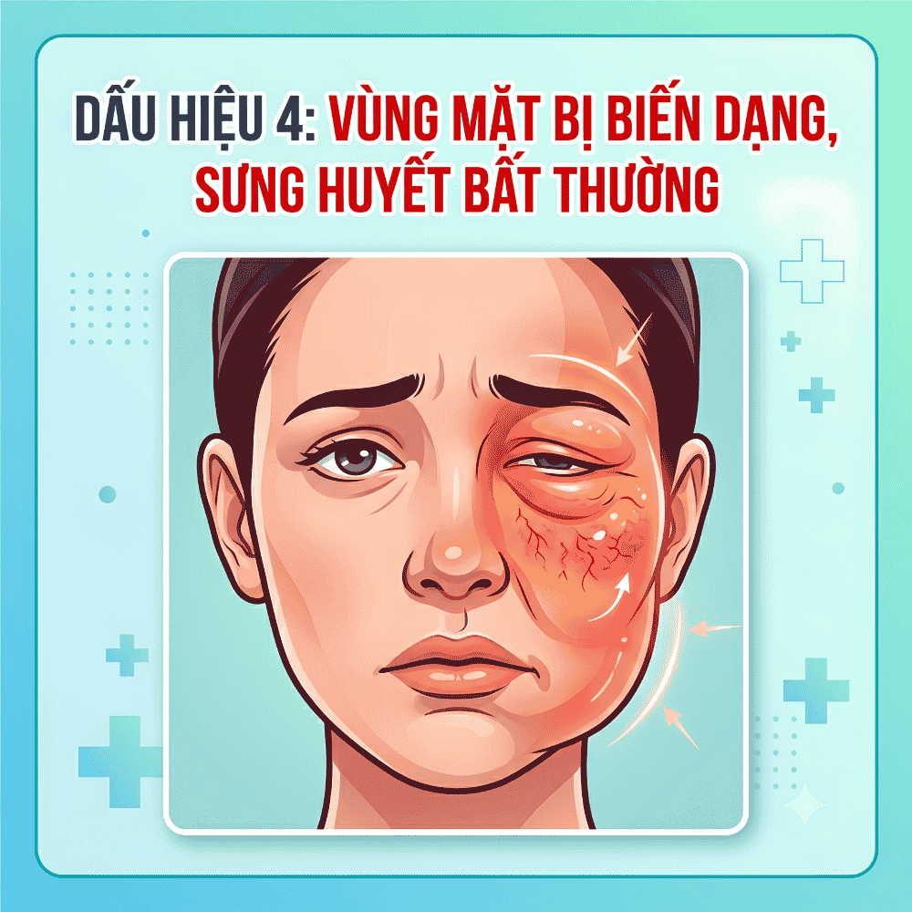 Dấu hiệu 4: Vùng mặt bị biến dạng, sưng huyết bất thường