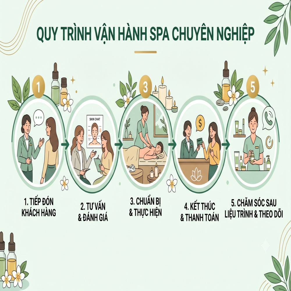 Sơ đồ quy trình vận hành spa chuyên nghiệp từ tiếp đón đến chăm sóc sau liệu trình