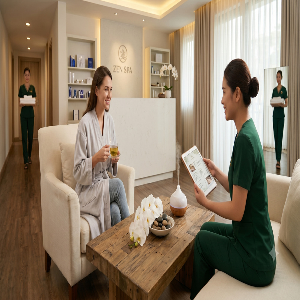 Hình ảnh spa chuyên nghiệp với quy trình vận hành bài bản, khách hàng hài lòng