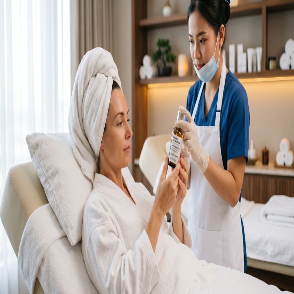 Khách hàng đang yêu cầu chuyên viên cho xem nhãn mác và nguồn gốc xuất xứ của sản phẩm dùng trên da.