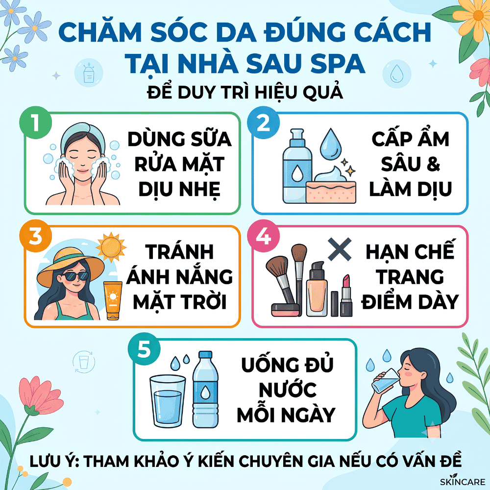 Chăm sóc da đúng cách tại nhà sau khi đi spa để duy trì hiệu quả.