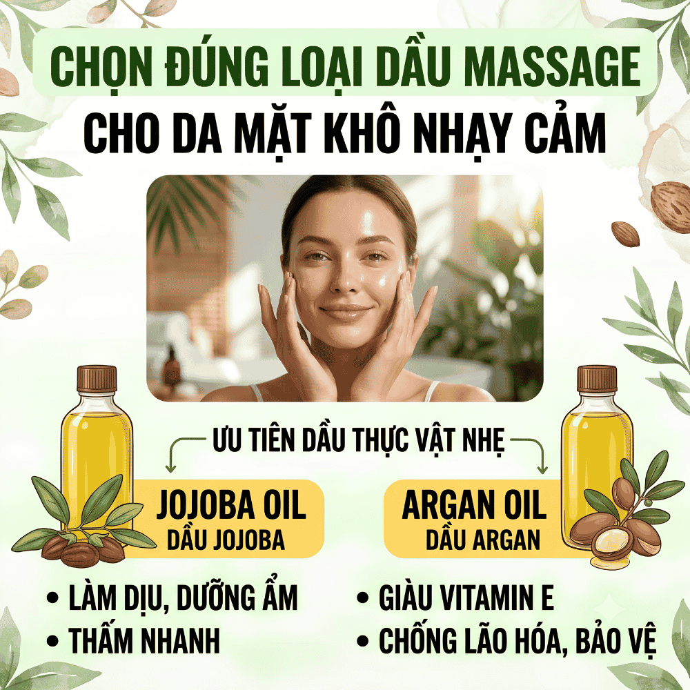 Chọn đúng loại dầu massage cho da khô nhạy cảm, ưu tiên dầu thực vật nhẹ như jojoba, argan.