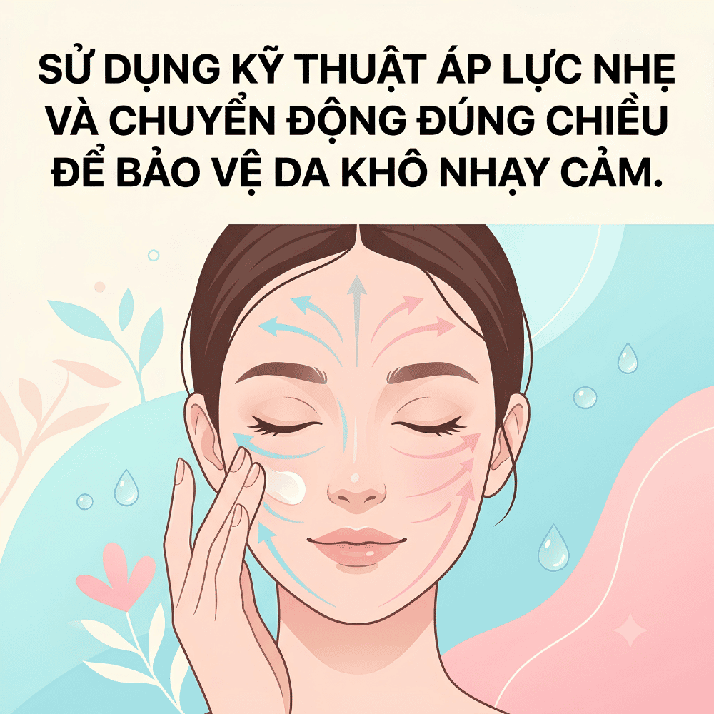 Sử dụng kỹ thuật áp lực nhẹ và chuyển động đúng chiều để bảo vệ da khô nhạy cảm.