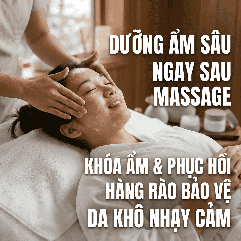 Dưỡng ẩm sâu ngay sau massage để khóa ẩm và phục hồi hàng rào bảo vệ da khô nhạy cảm.