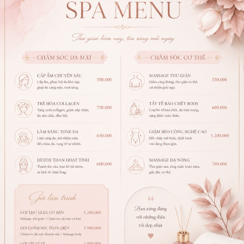 Mẫu menu spa đẹp sang trọng với gam màu pastel và font chữ thanh lịch
