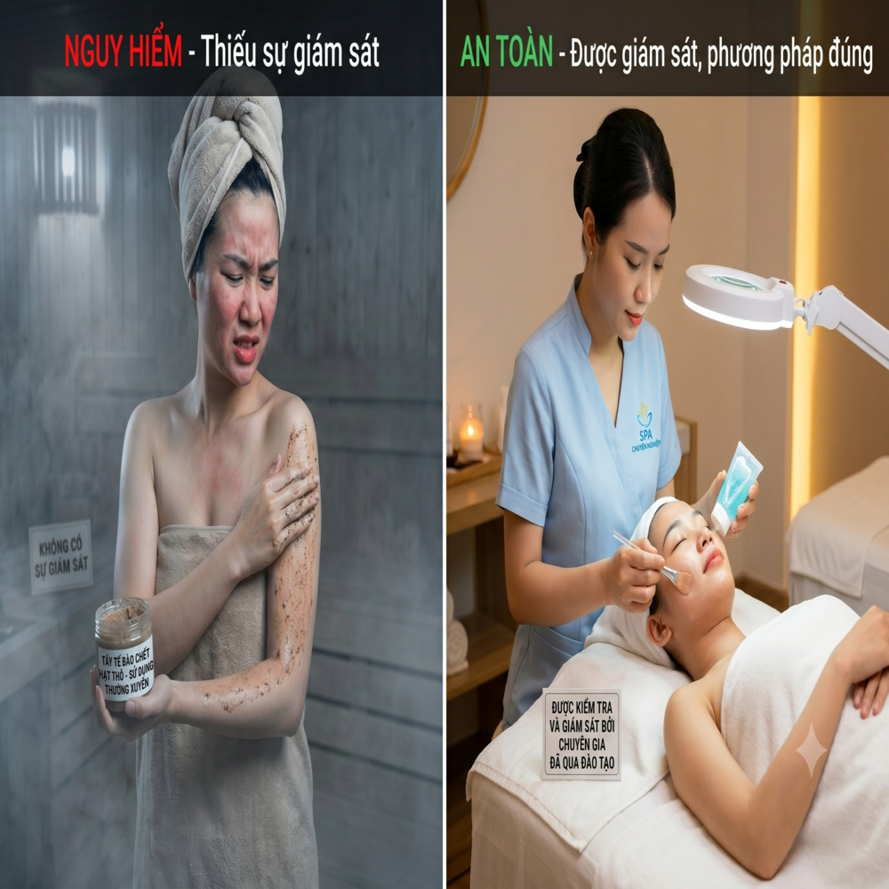 Cảnh báo việc lạm dụng xông hơi và tẩy tế bào chết tại spa có thể gây bào mòn da.