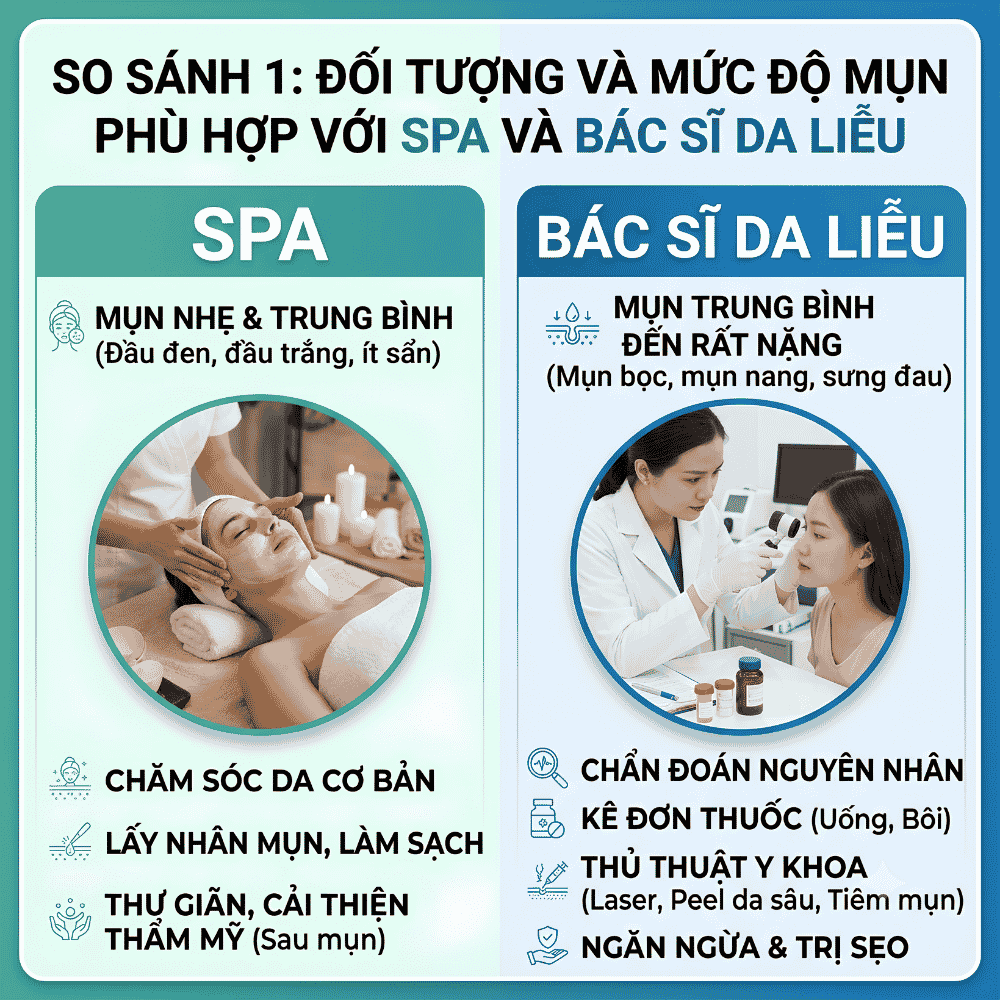 So sánh 1: Đối tượng và mức độ mụn phù hợp với spa và bác sĩ da liễu