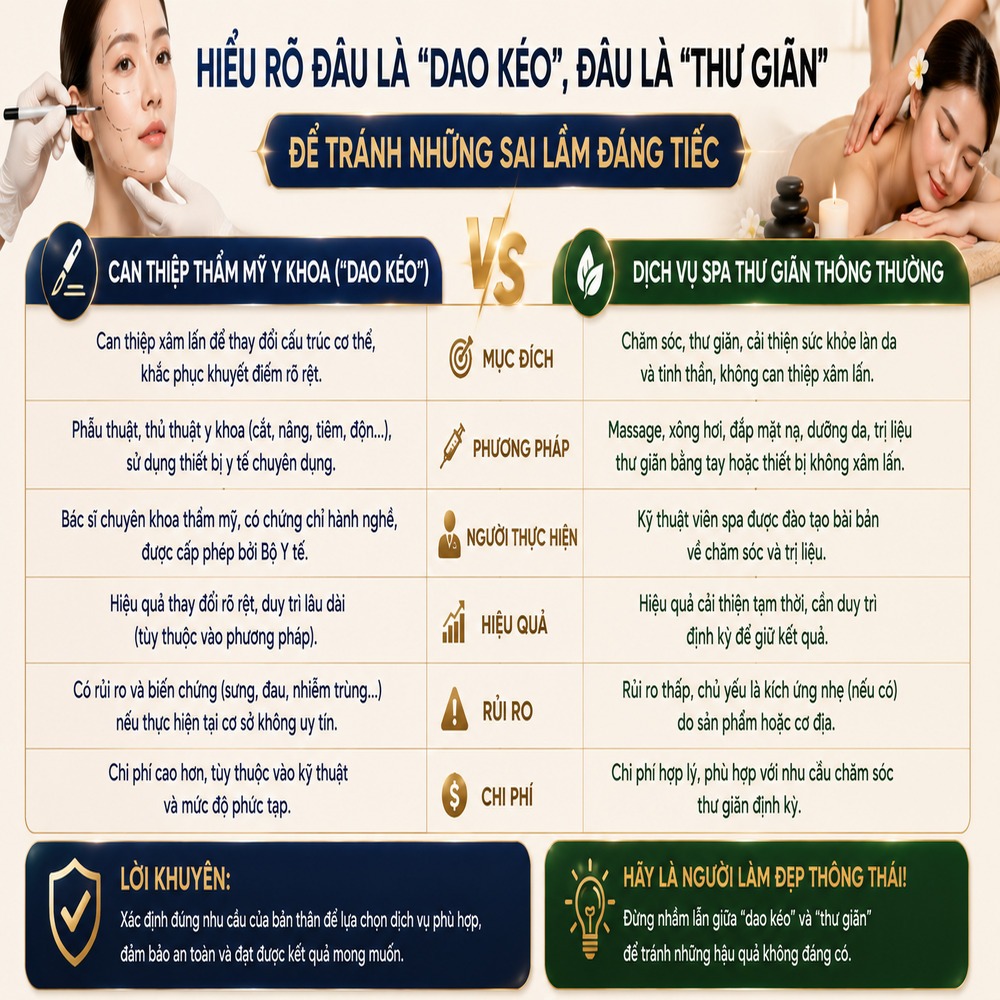 So sánh sự khác biệt giữa can thiệp thẩm mỹ y khoa và dịch vụ spa thư giãn thông thường.