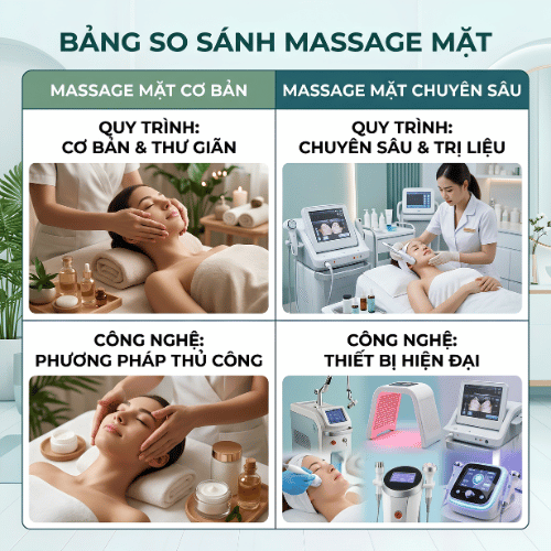 Bảng so sánh massage mặt cơ bản và massage mặt chuyên sâu về quy trình và công nghệ