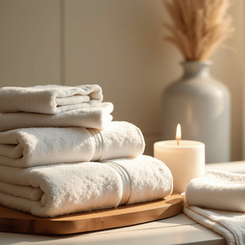 Không gian spa mini tại nhà nhỏ gọn, ấm cúng với ánh sáng vàng và nội thất tối giản