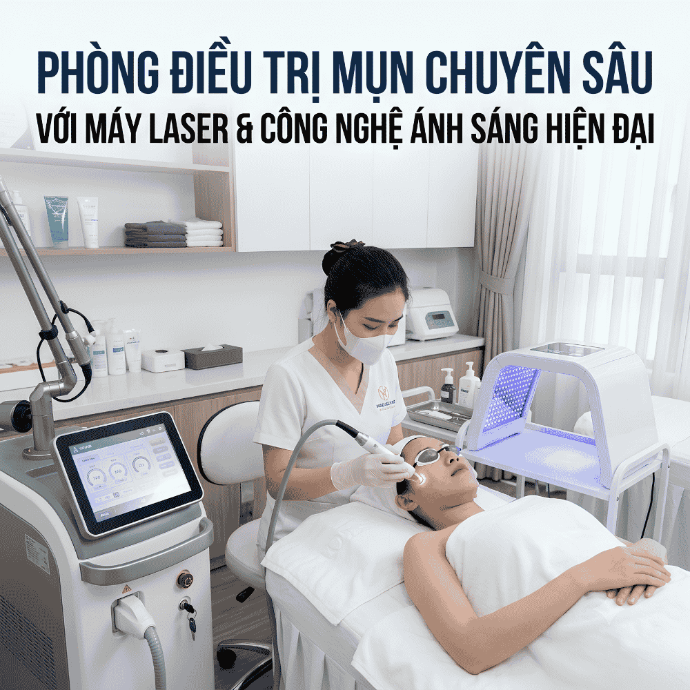 Phòng điều trị mụn chuyên sâu với máy laser và công nghệ ánh sáng hiện đại.