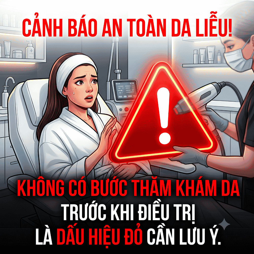 Không có bước thăm khám da trước khi điều trị là dấu hiệu đỏ cần lưu ý.