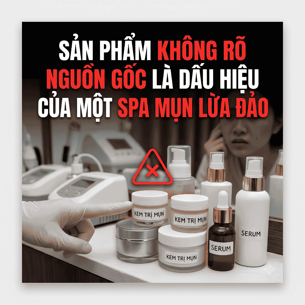 Sản phẩm không rõ nguồn gốc là dấu hiệu của một spa mụn lừa đảo.