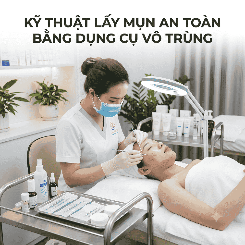 Chuyên viên spa trị mụn đang thực hiện kỹ thuật lấy mụn an toàn bằng dụng cụ vô trùng.