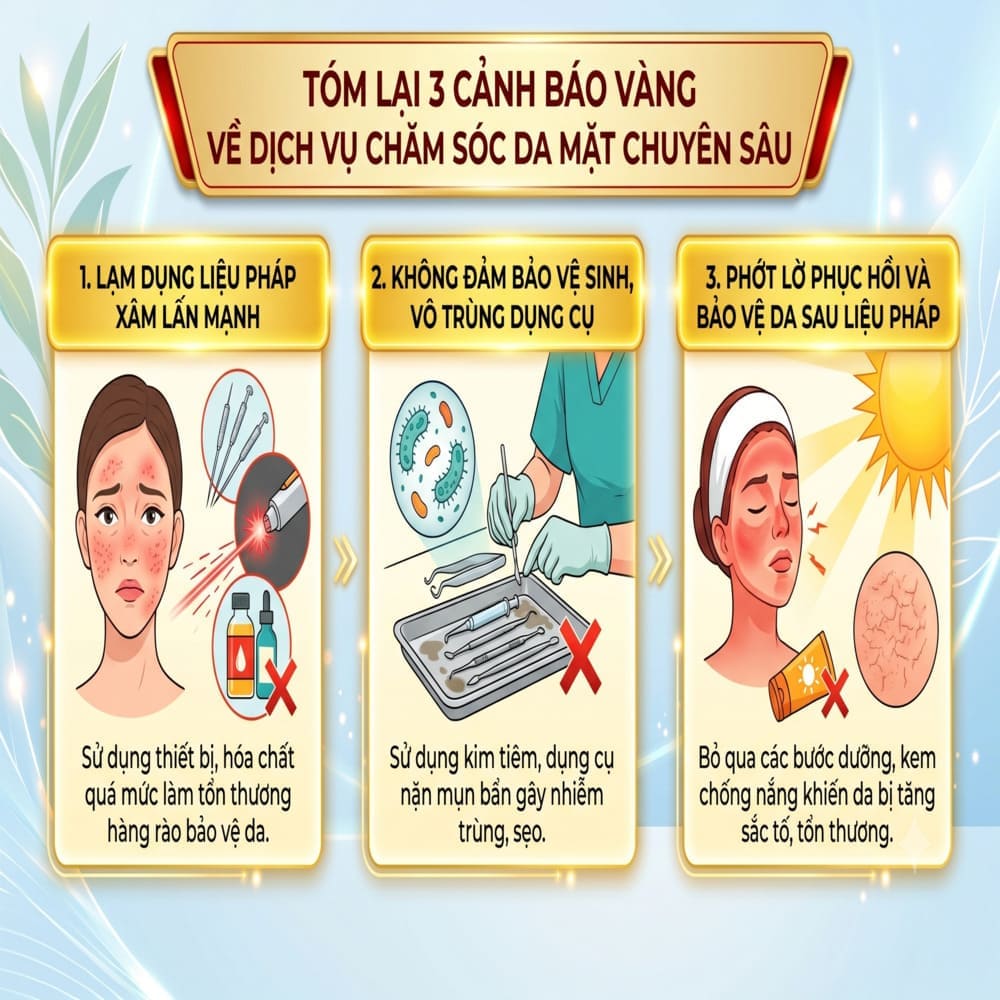 Tóm lại 3 cảnh báo vàng về dịch vụ chăm sóc da mặt chuyên sâu để bảo vệ làn da.