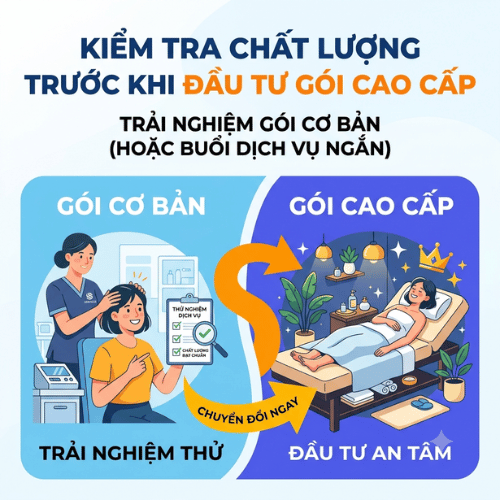 Trải nghiệm gói cơ bản hoặc buổi dịch vụ ngắn để kiểm tra chất lượng trước khi đầu tư gói cao cấp