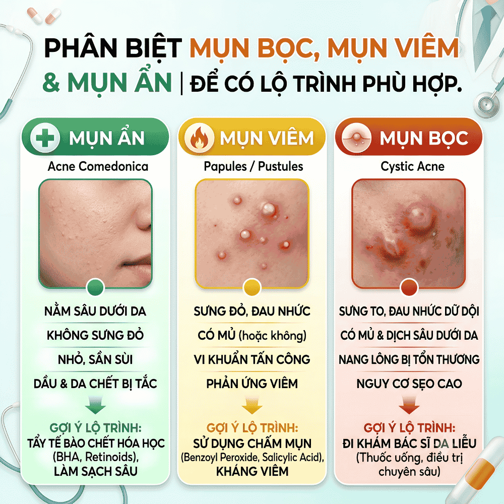 Tìm hiểu chính xác loại mụn bọc, mụn viêm và mụn ẩn để có lộ trình phù hợp.