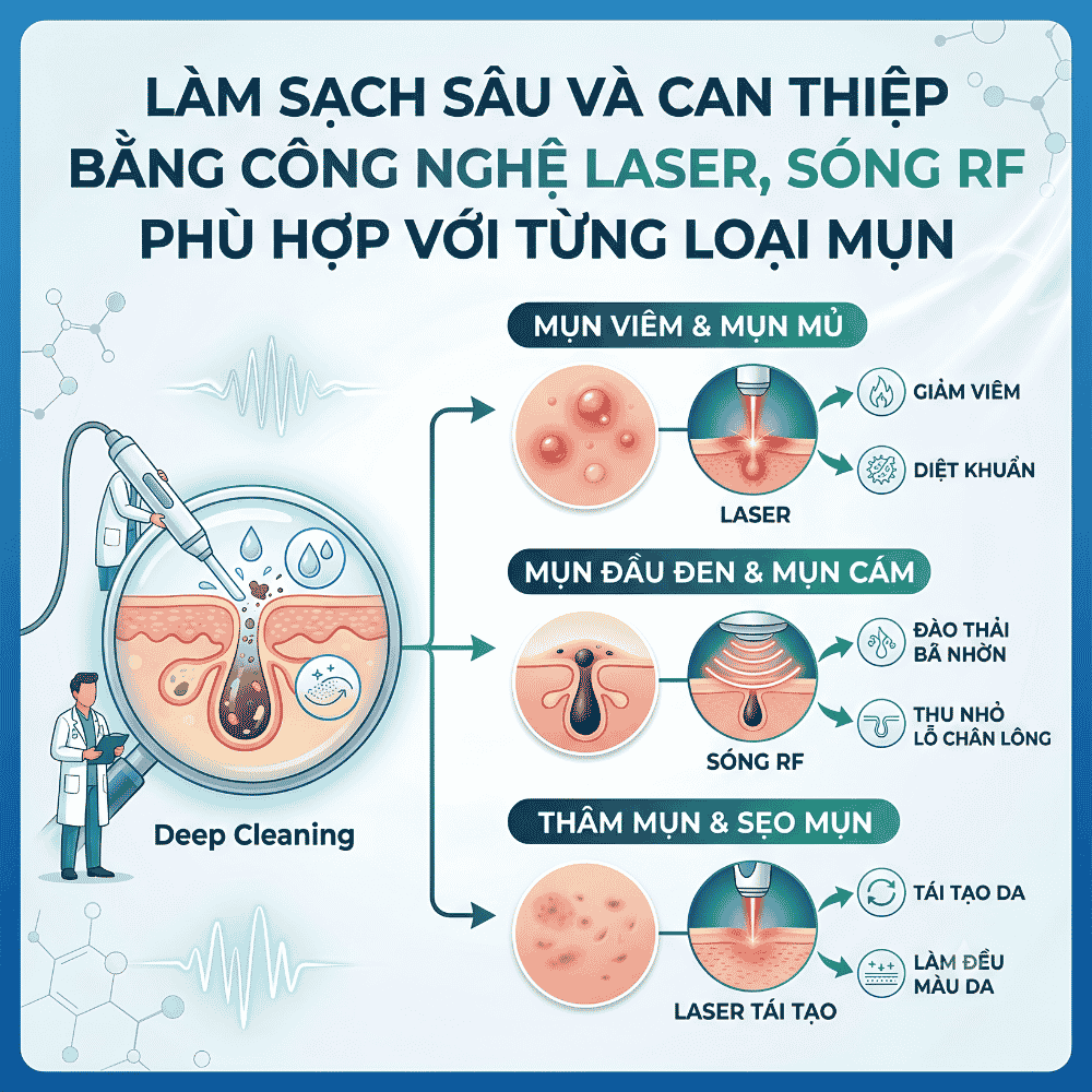 Làm sạch sâu và can thiệp bằng công nghệ laser, sóng RF phù hợp với từng loại mụn.