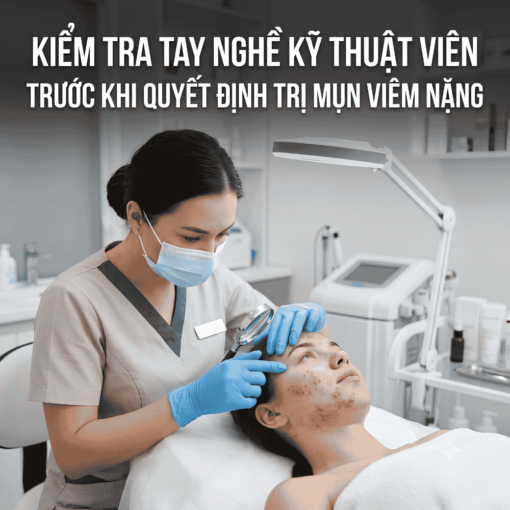 Kiểm tra tay nghề kỹ thuật viên trước khi quyết định trị mụn viêm nặng.
