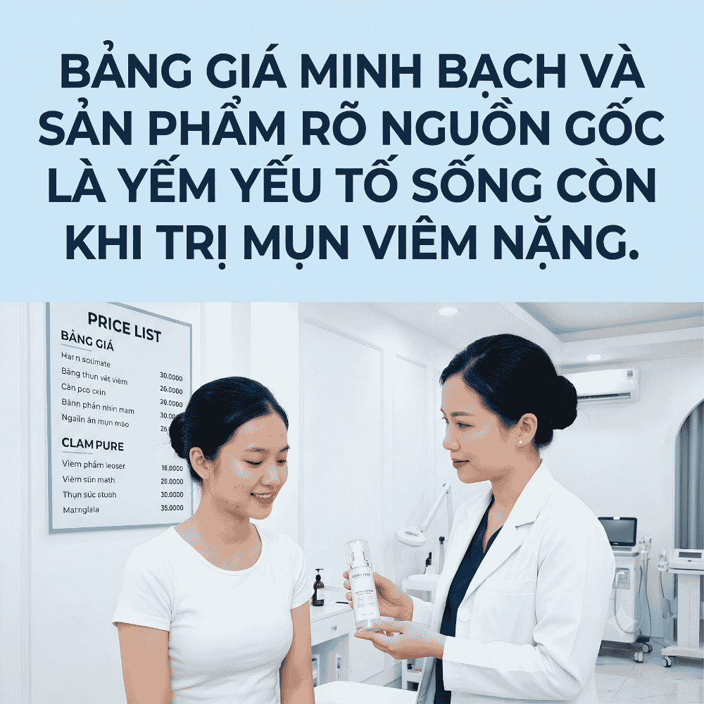Bảng giá minh bạch và sản phẩm rõ nguồn gốc là yếu tố sống còn khi trị mụn viêm nặng.