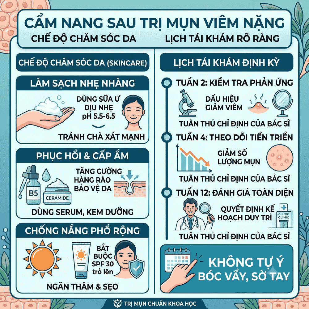 Chế độ chăm sóc da sau trị mụn viêm nặng và lịch tái khám rõ ràng.